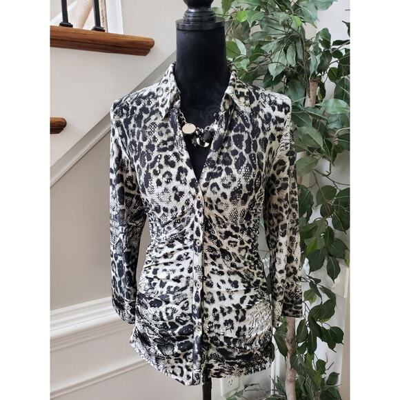 Essentials Women Black White Snake Print Polyester Button Front Top Shirt Small - Picture 1 of 12